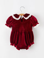 Rylee Faith Designs - Christmas Burgundy Velvet Baby Girl Smocked Pearl Romper - alternate view 2