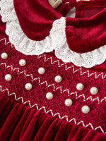 Rylee Faith Designs - Christmas Burgundy Velvet Baby Girl Smocked Pearl Romper - alternate view 3
