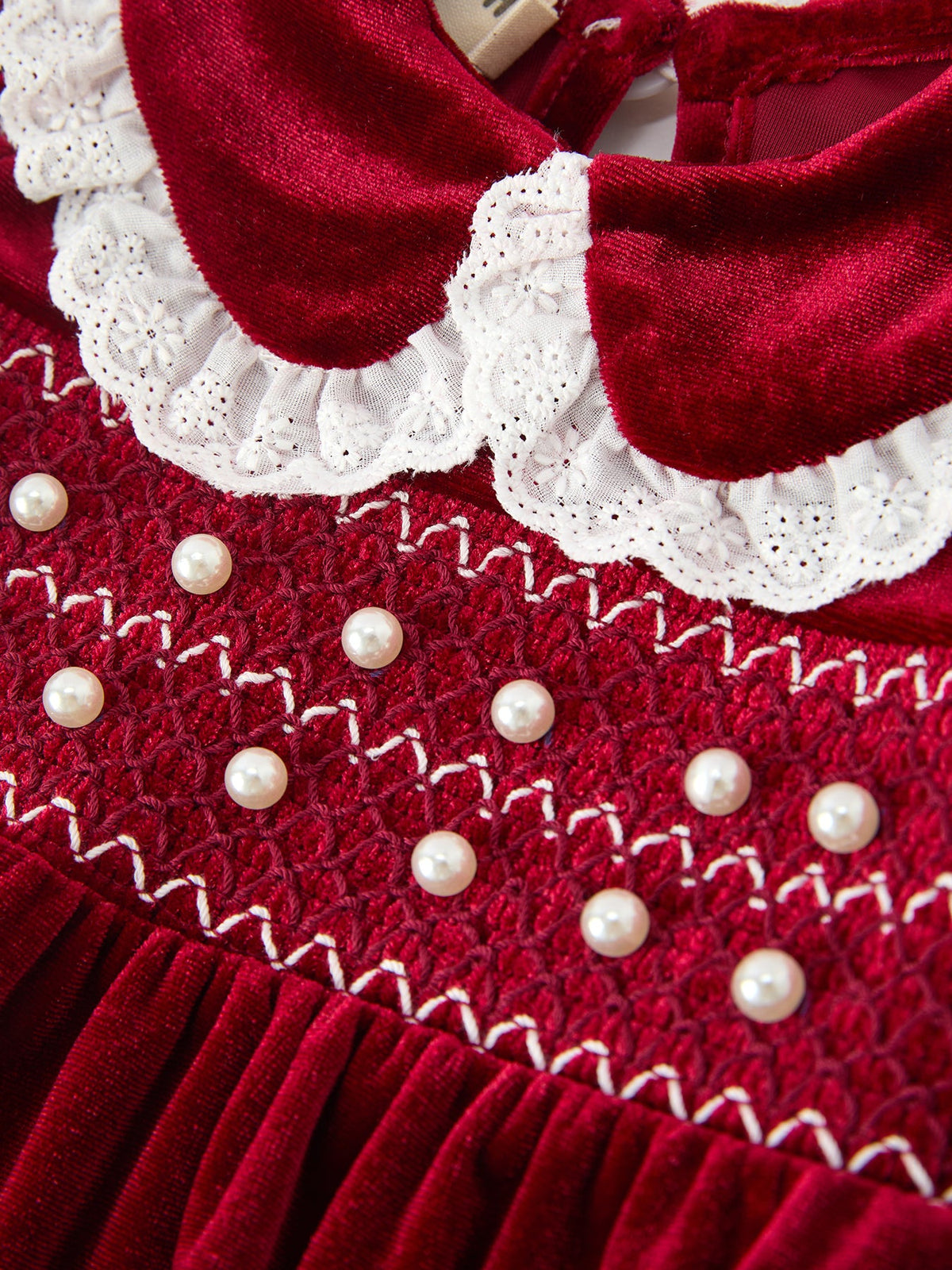 Rylee Faith Designs - Christmas Burgundy Velvet Baby Girl Smocked Pearl Romper - alternate view 3