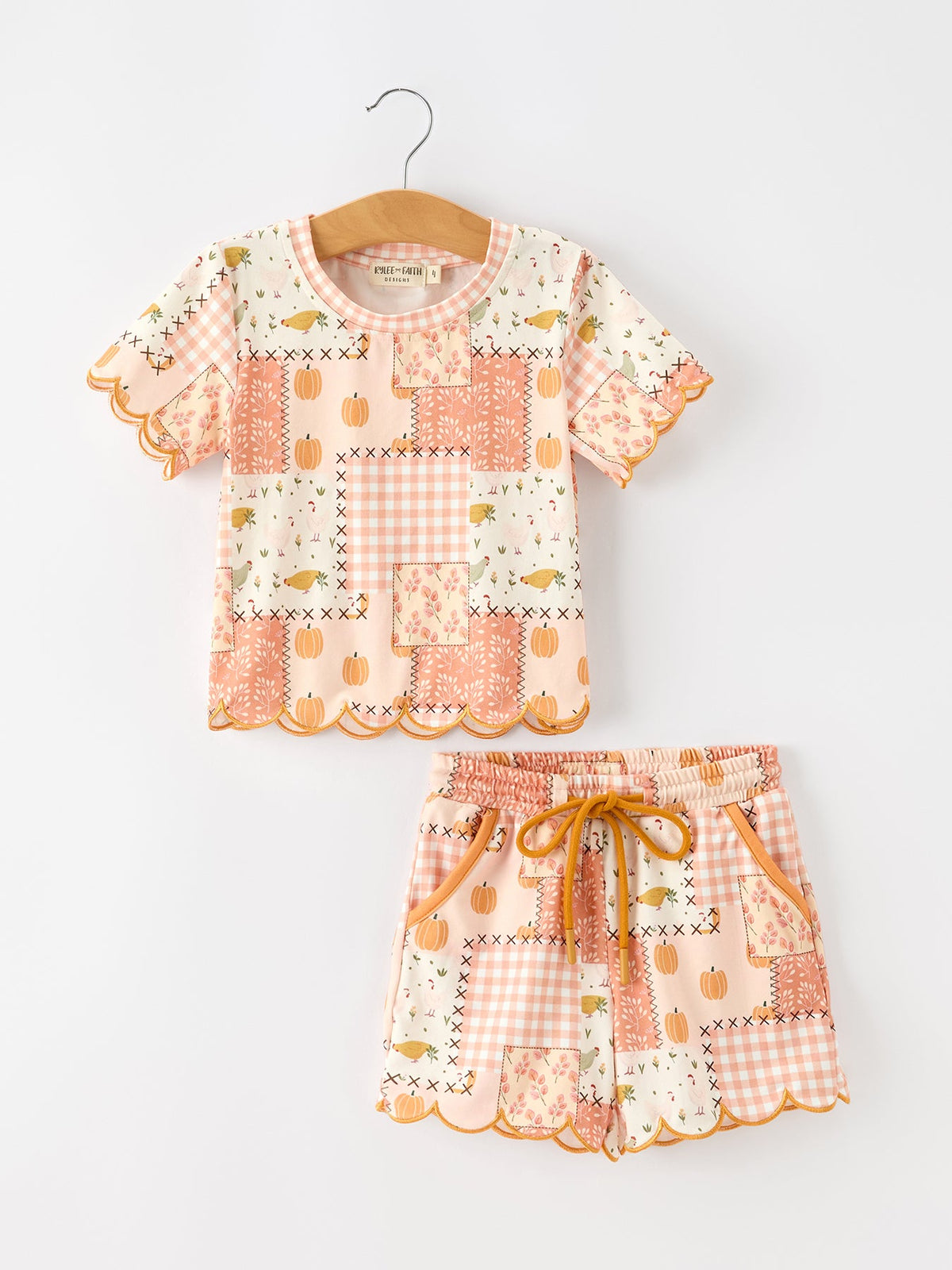 Rylee Faith Designs - Thanksgiving Pumpkin Patchwork Girls Top And Shorts Outfit