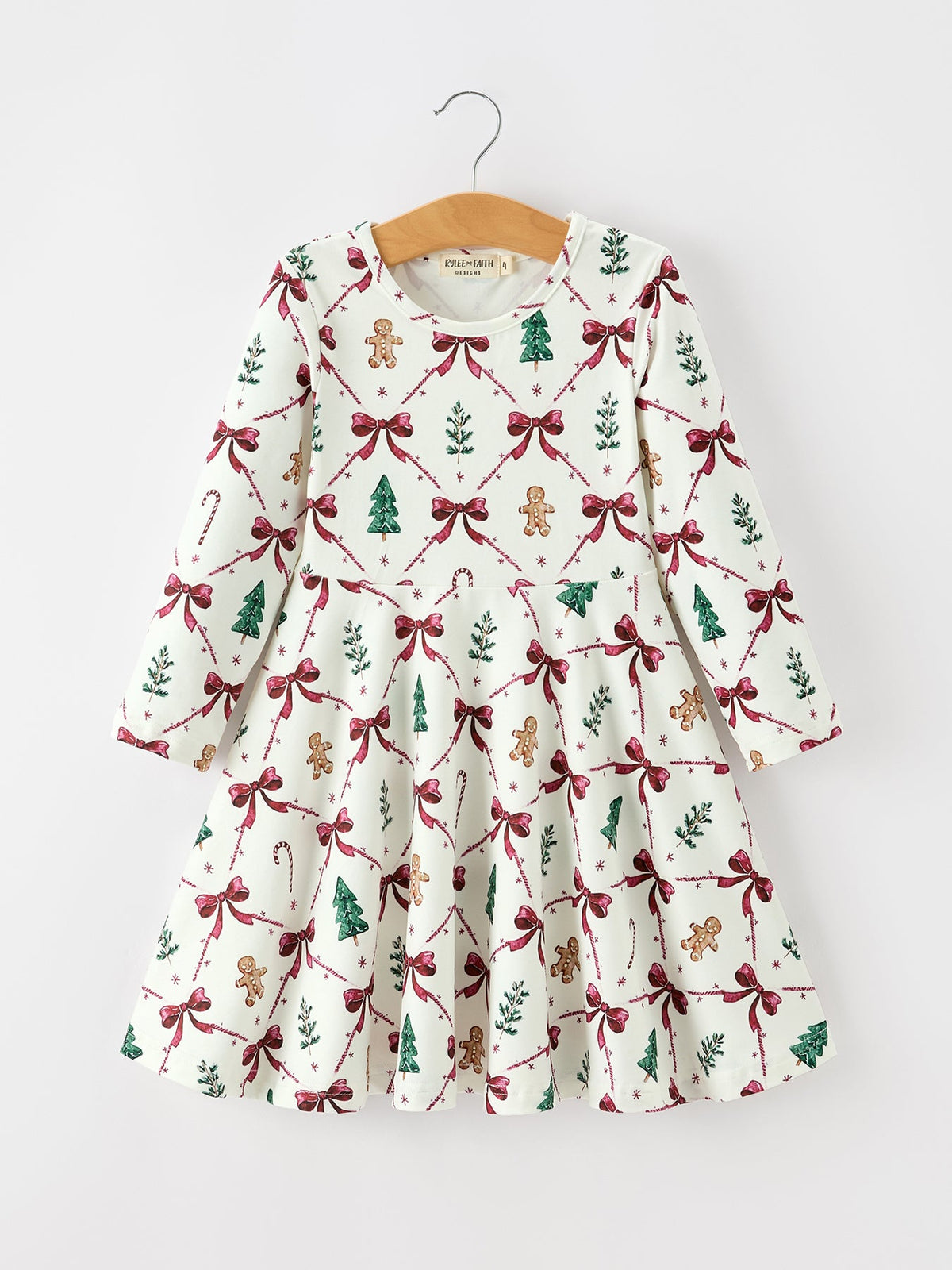 Rylee Faith Designs - Christmas Bow and Gingerbread Print Girls Twirl Dress