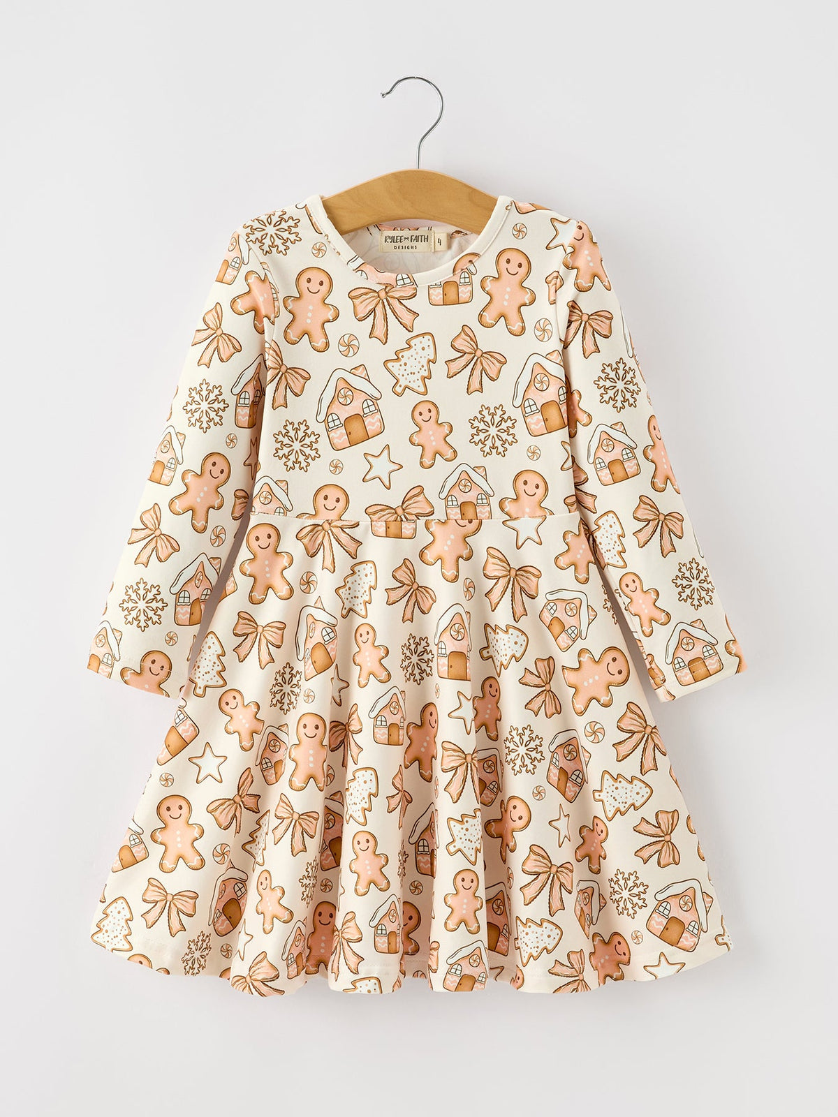 Rylee Faith Designs - Christmas Gingerbread Cookie Girls Long Sleeve Twirl Dress