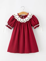 Rylee Faith Designs - Christmas Holly Embroidered Girls Dress Petals Collar Puff Sleeve