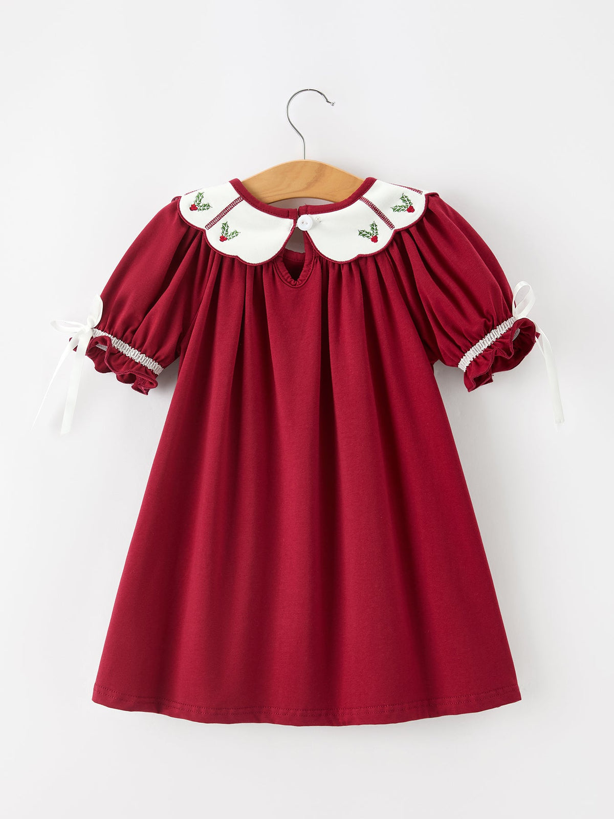 Rylee Faith Designs - Christmas Holly Embroidered Girls Dress Petals Collar Puff Sleeve - alternate view 2