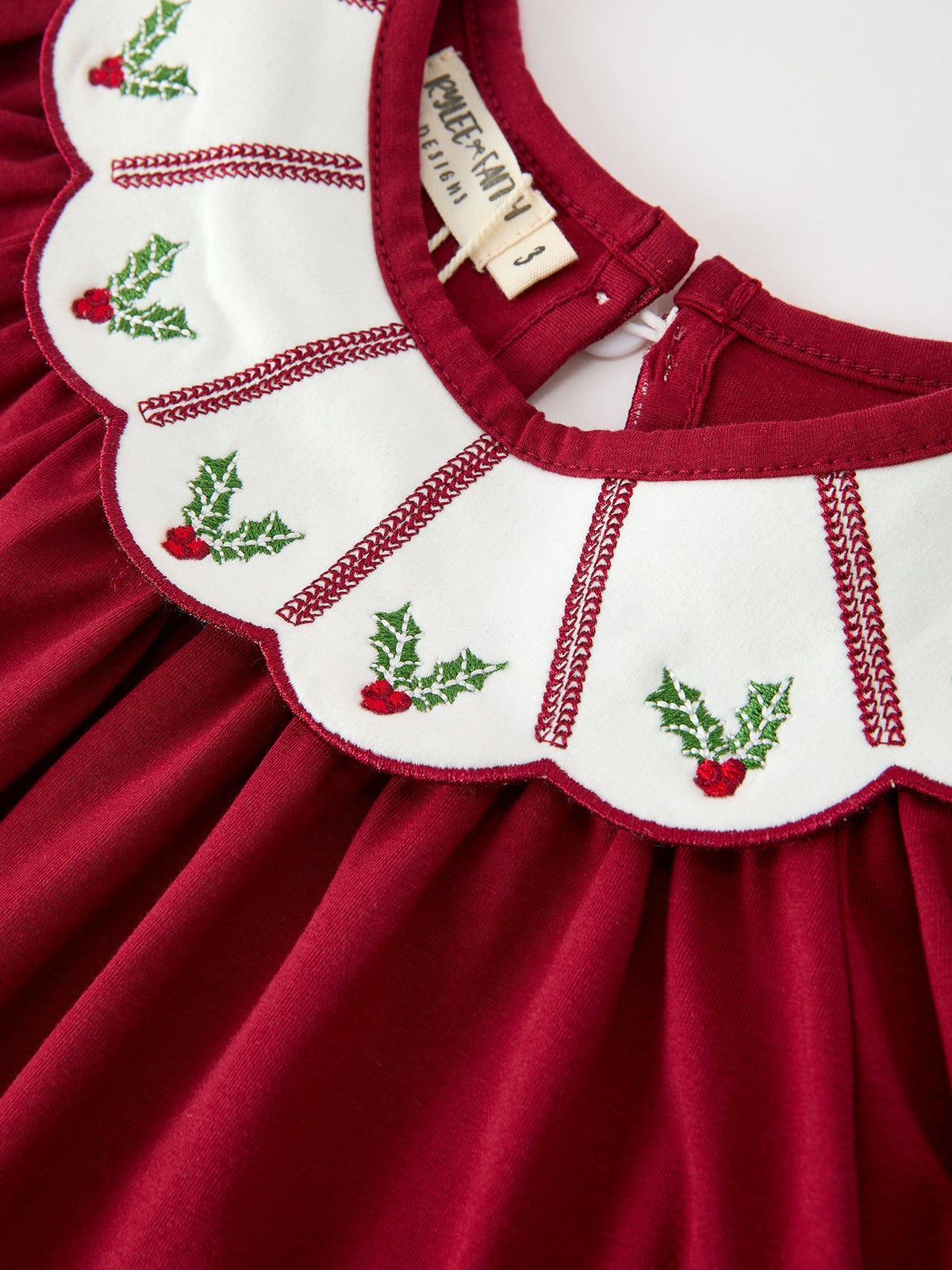 Rylee Faith Designs - Christmas Holly Embroidered Girls Dress Petals Collar Puff Sleeve - alternate view 3