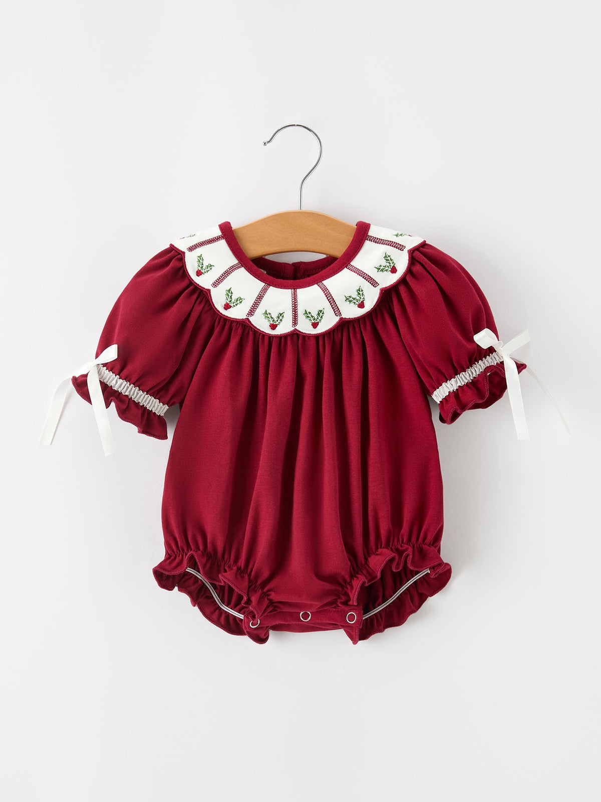 Rylee Faith Designs - Christmas Holly Embroidered Baby Romper Petals Collar Ruffle