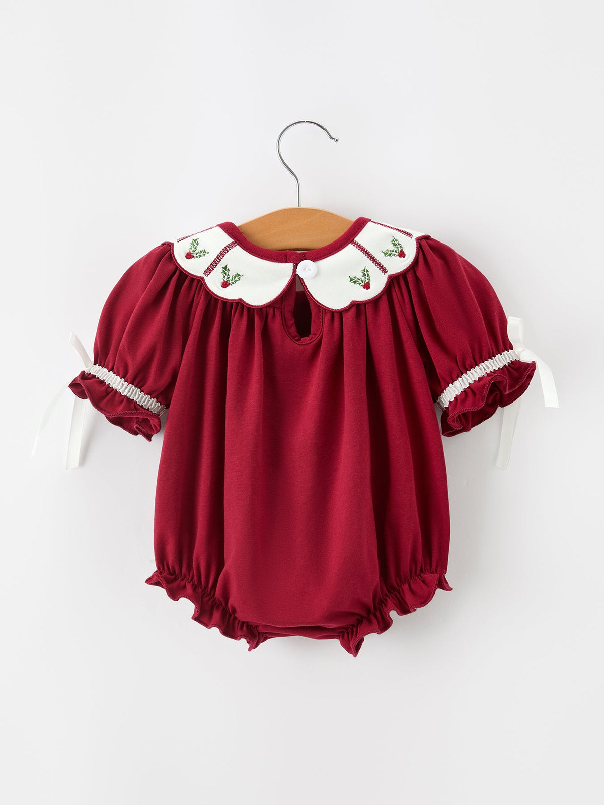 Rylee Faith Designs - Christmas Holly Embroidered Baby Romper Petals Collar Ruffle - alternate view 2