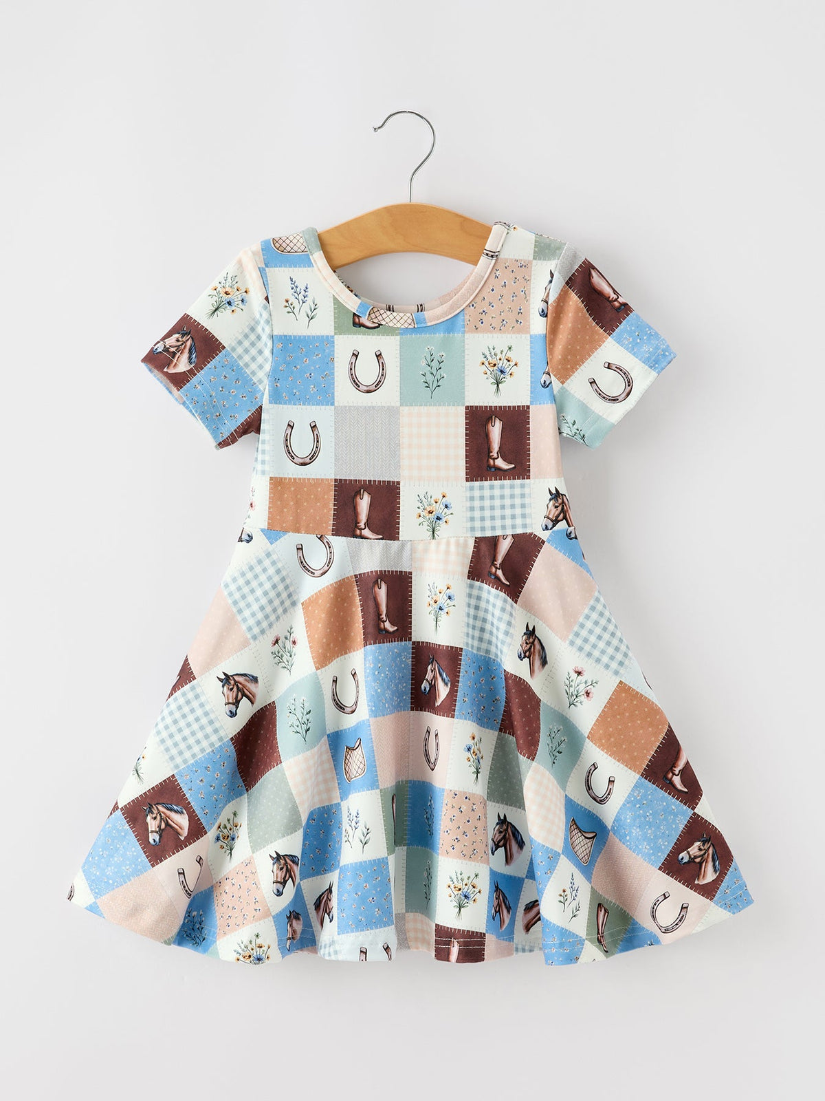 Rylee Faith Designs - Western Horse Patchwork Print Girls Short Sleeve Twirl Dress