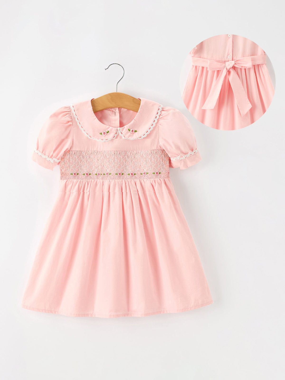 Rylee Faith Designs - Fall Girls Pink Floral Embroidered Smocked Peter Pan Collar Dress