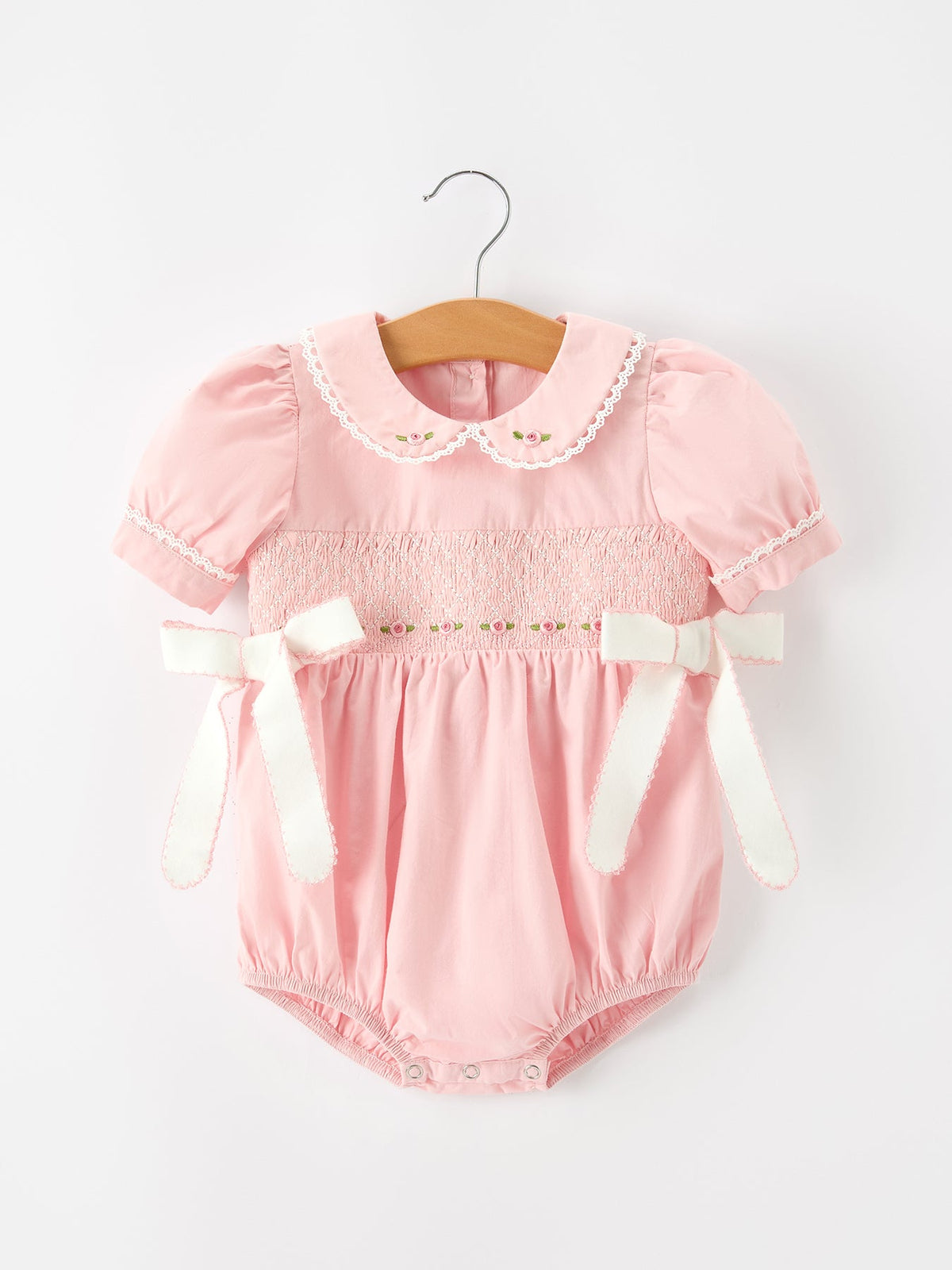 Rylee Faith Designs - Fall Baby Girls Pink Floral Embroidered Smocked Bow Bubble Romper
