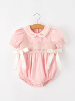 Rylee Faith Designs - Fall Baby Girls Pink Floral Embroidered Smocked Bow Bubble Romper