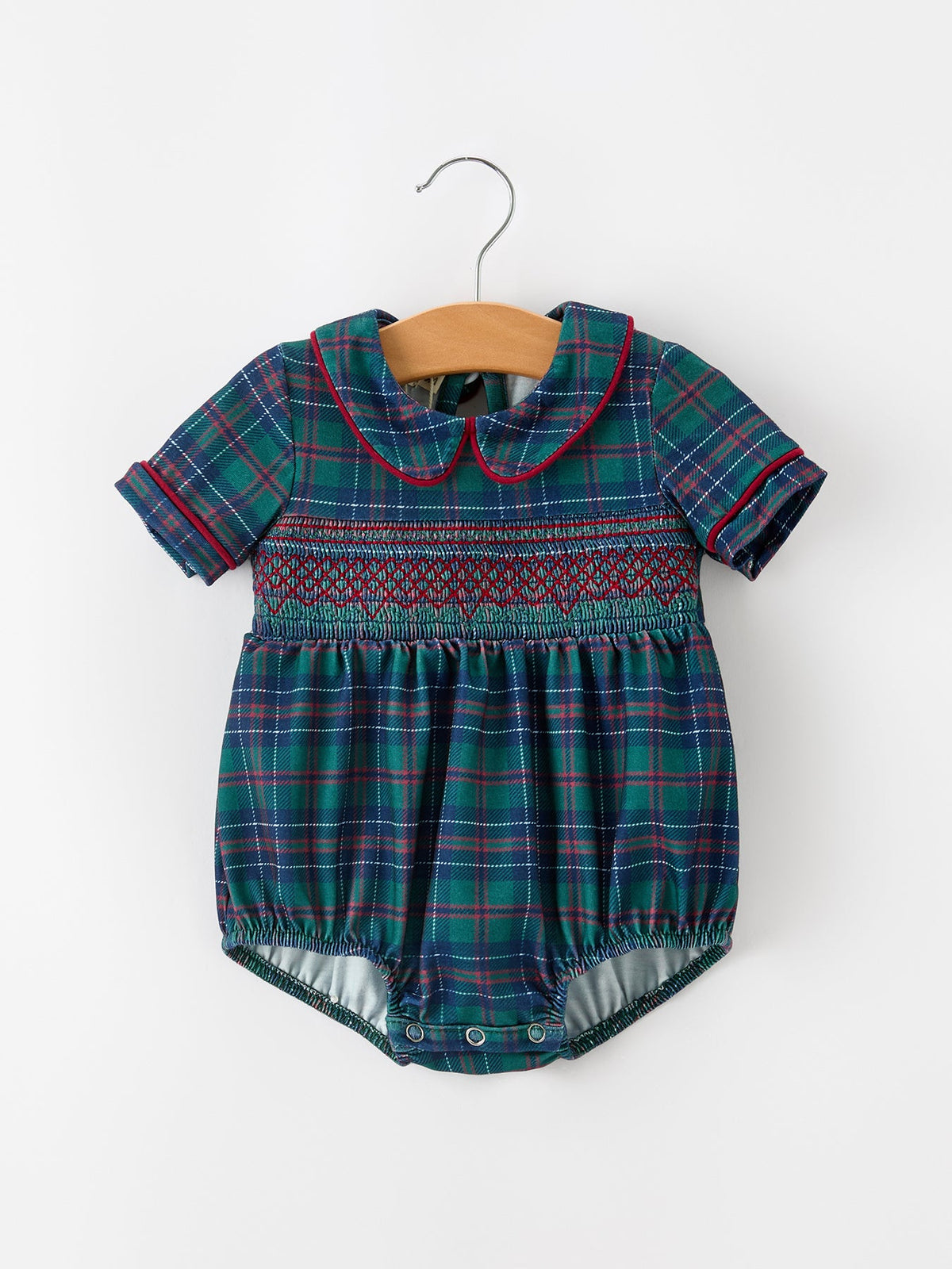 Rylee Faith Designs - Christmas Baby Boys Plaid Smocked Peter Pan Collar Bubble Romper