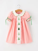 Rylee Faith Designs - Christmas Girls Pink Christmas Tree Embroidered Ruffle Dress