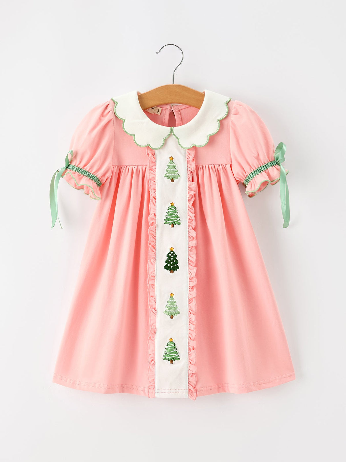 Rylee Faith Designs - Christmas Girls Pink Christmas Tree Embroidered Ruffle Dress