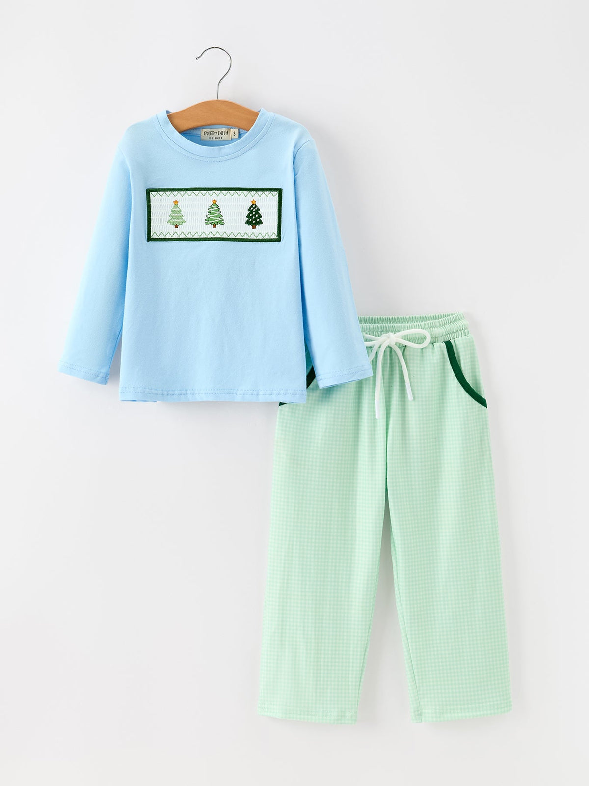 Rylee Faith Designs - Christmas Boys Christmas Tree Embroidered Long Sleeve Top & Pants Set