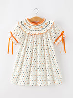 Rylee Faith Designs - Halloween Pumpkin Smocked Girls Dress Polka Dot Ruffle Sleeve