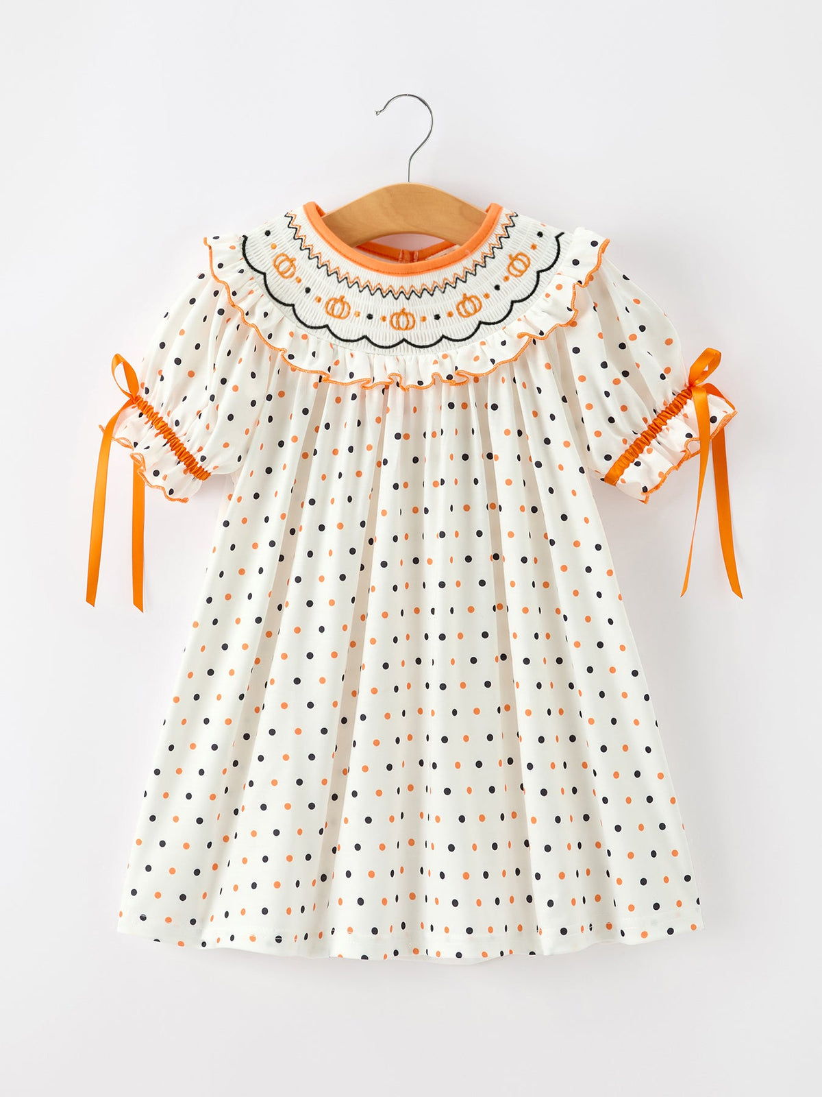 Rylee Faith Designs - Halloween Pumpkin Smocked Girls Dress Polka Dot Ruffle Sleeve