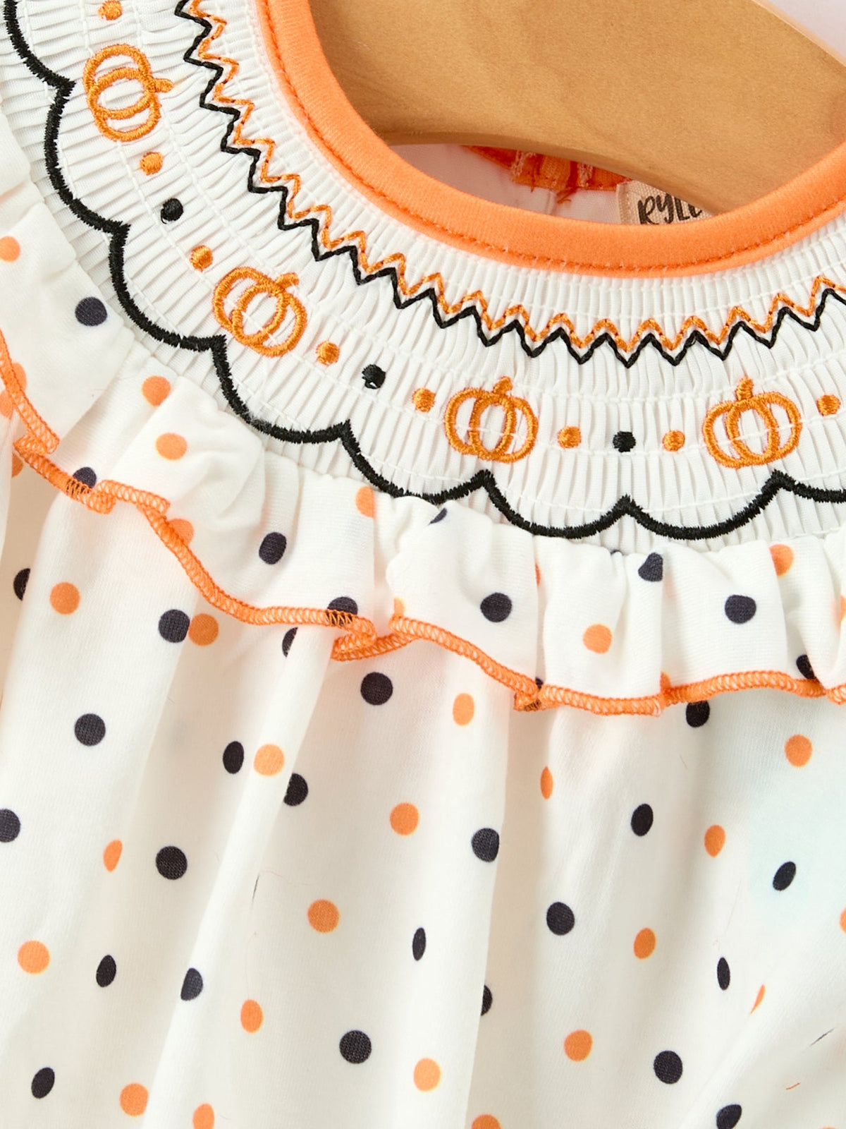 Rylee Faith Designs - Halloween Pumpkin Smocked Girls Dress Polka Dot Ruffle Sleeve - alternate view 3