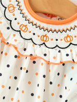 Rylee Faith Designs - Halloween Pumpkin Smocked Girls Dress Polka Dot Ruffle Sleeve - alternate view 3