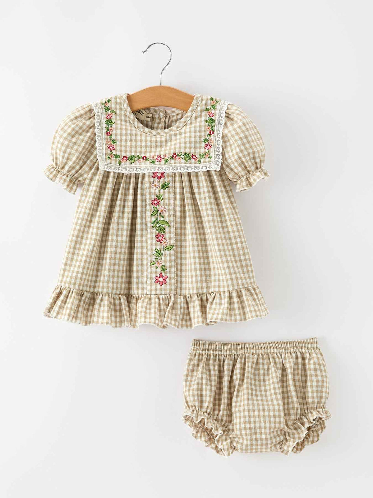 FALL Girls Khaki Plaid Floral Embroidered Bloomer Set