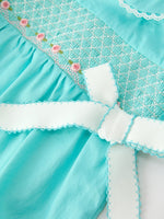 Rylee Faith Designs - FALL Girls Aqua Smocked Floral Bow Bubble Romper - alternate view 3