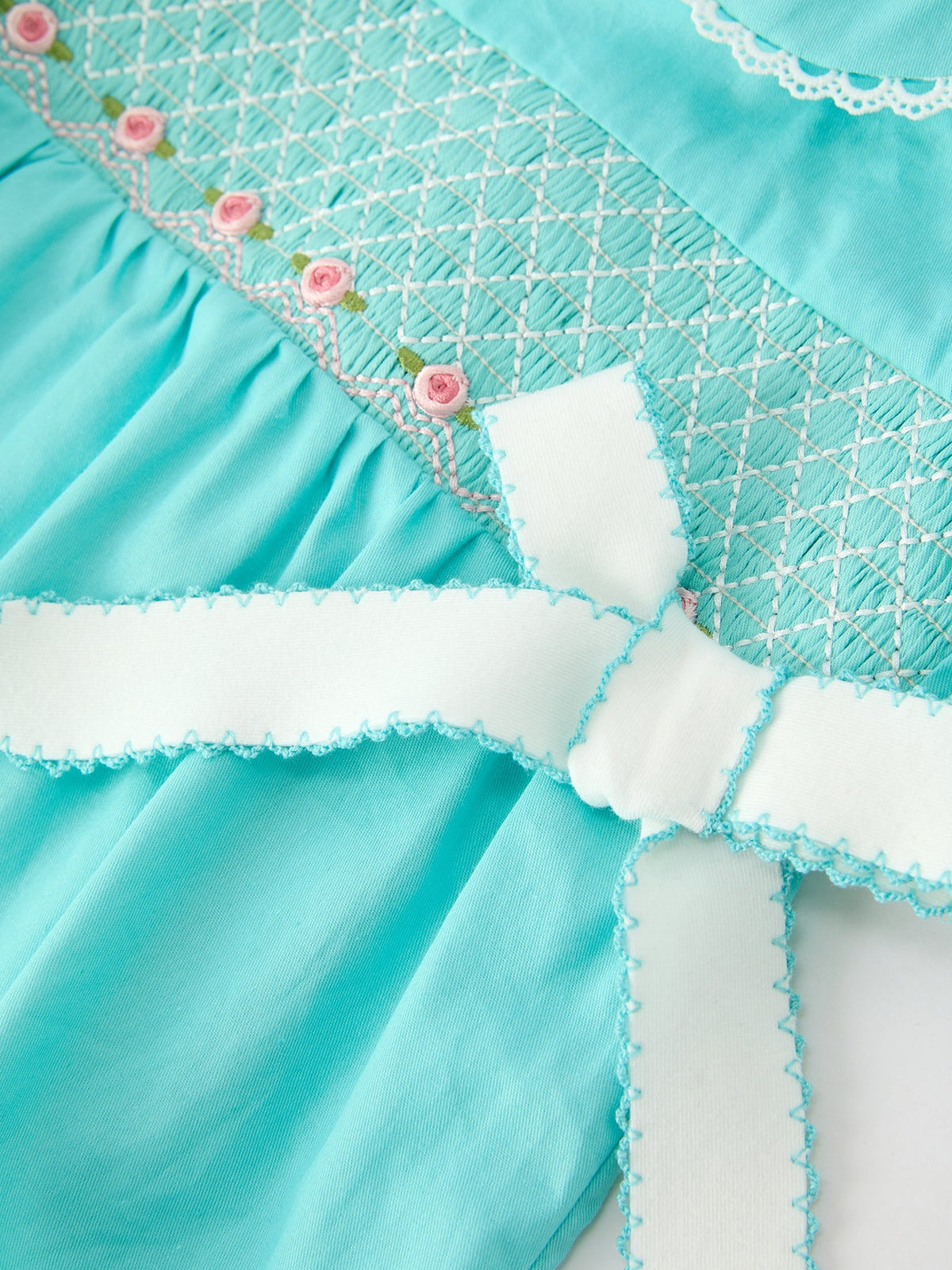 Rylee Faith Designs - FALL Girls Aqua Smocked Floral Bow Bubble Romper - alternate view 3