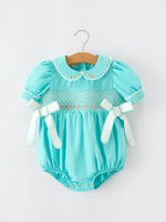 Rylee Faith Designs - FALL Girls Aqua Smocked Floral Bow Bubble Romper