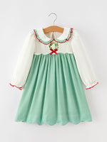 Rylee Faith Designs - Girls Christmas Green Plaid Embroidered Long Sleeve Dress