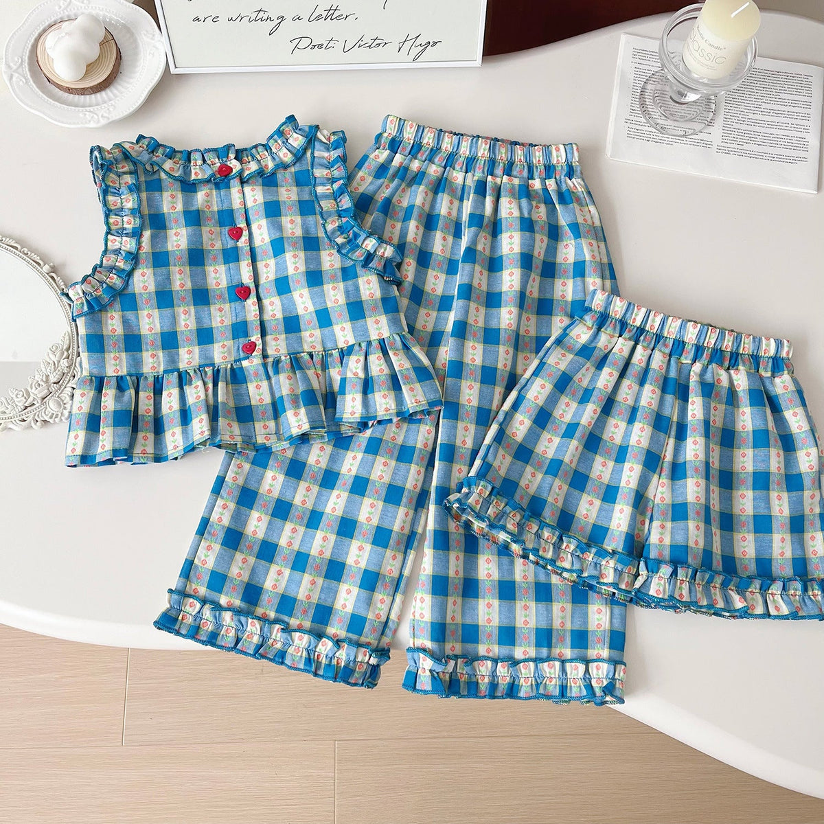 New Summer Korean-Style Polyester Plaid Three-Piece Set For Girls - Cindi Book