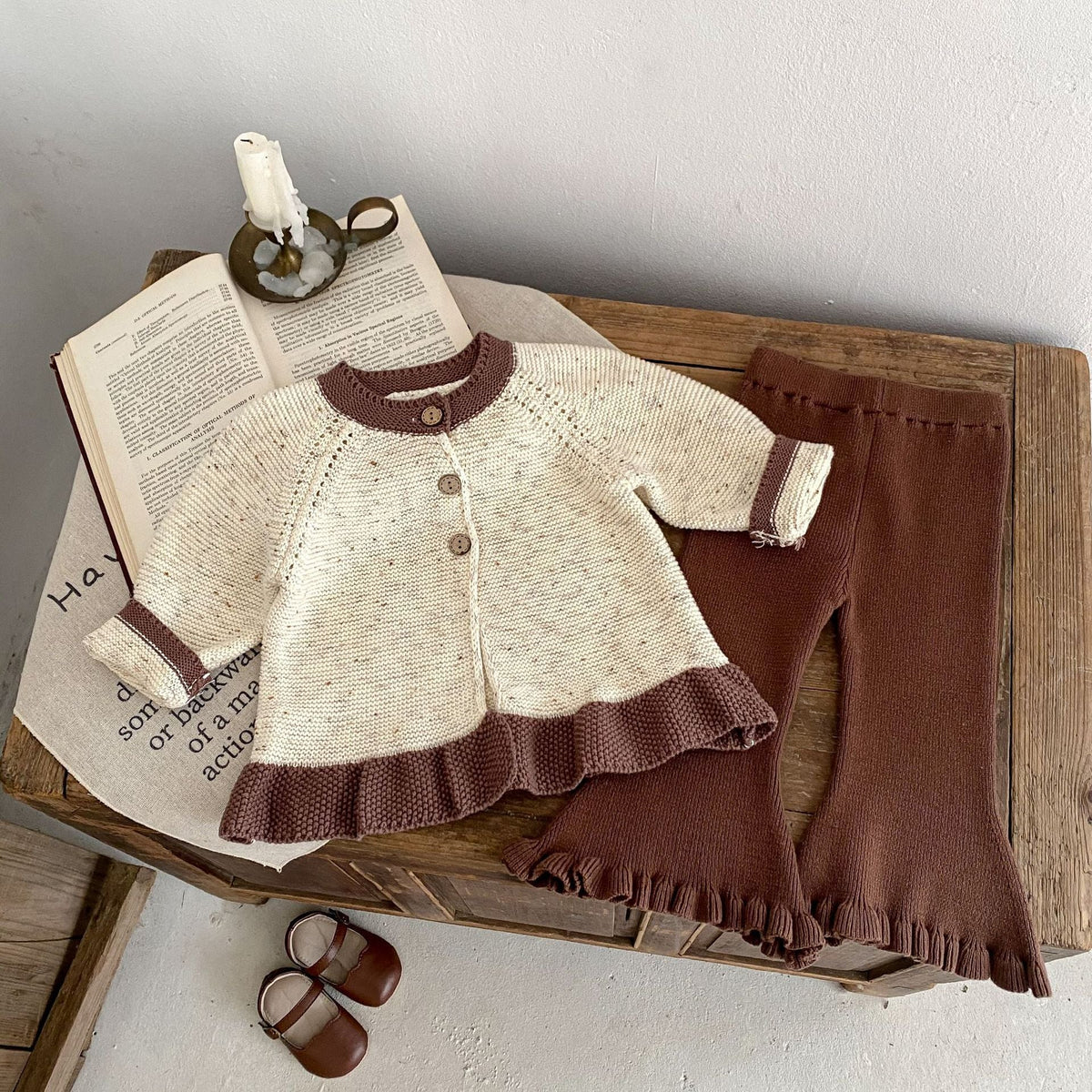 Baby Dot Yarn Ruffled Knitted Cardigan Coat Knitted Bell-bottom Pants - Cindi Book