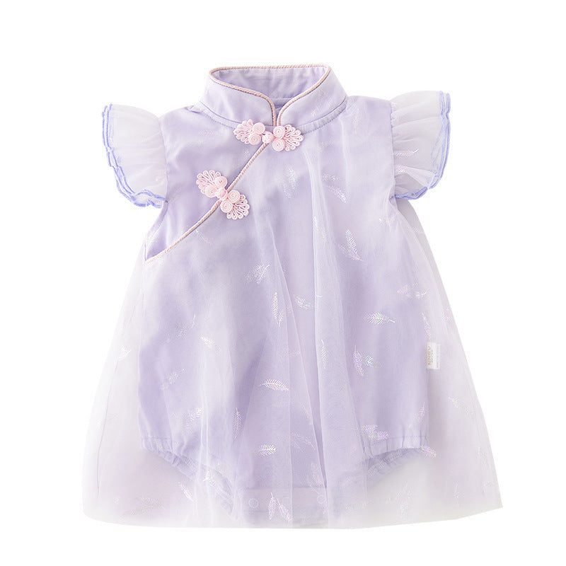 Baby Girl's Antique Style Buckle Mesh Feather Triangle Rompers Infant Onesie Dress - Cindi Book