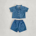 Denim Short Sleeve Pocket Top Boyshorts Baby Boy Suit - Cindi Book