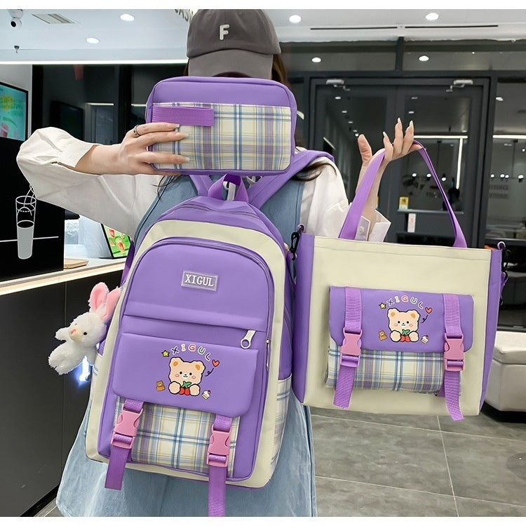 Large Capacity High School Plaid Three-piece Set Junior High School Student Elementary School Studebt Backpack - Cindi Book