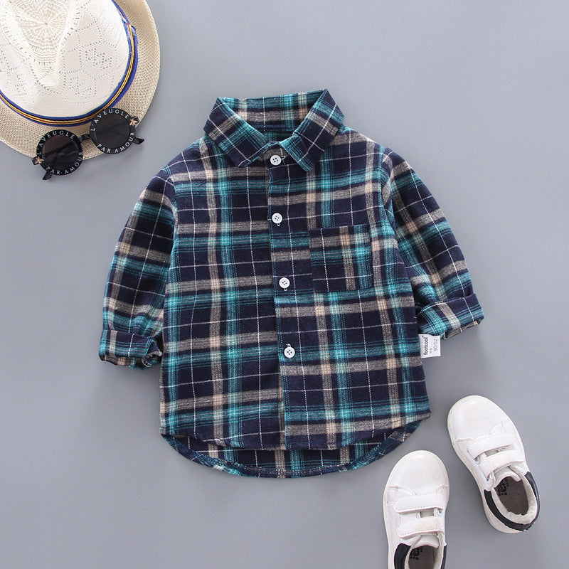 Boys and Girls Plaid Shirts Loose Lapel Long Sleeves