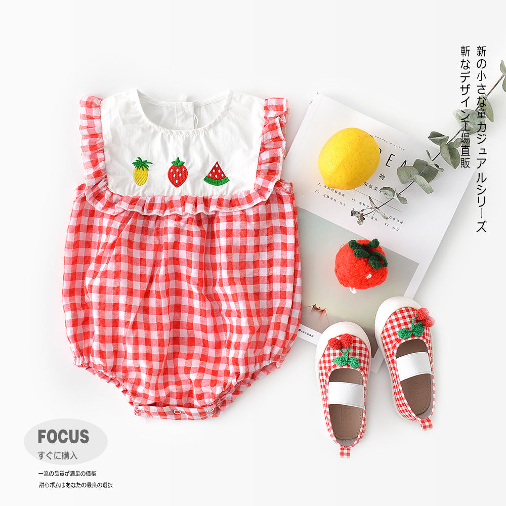 Baby plaid lace sleeves baby triangle romper baby kite clothes - Cindi Book
