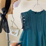 Girls' Summer Green Mesh Stitching Sleeveless Lace Vest Dress - Cindi Book