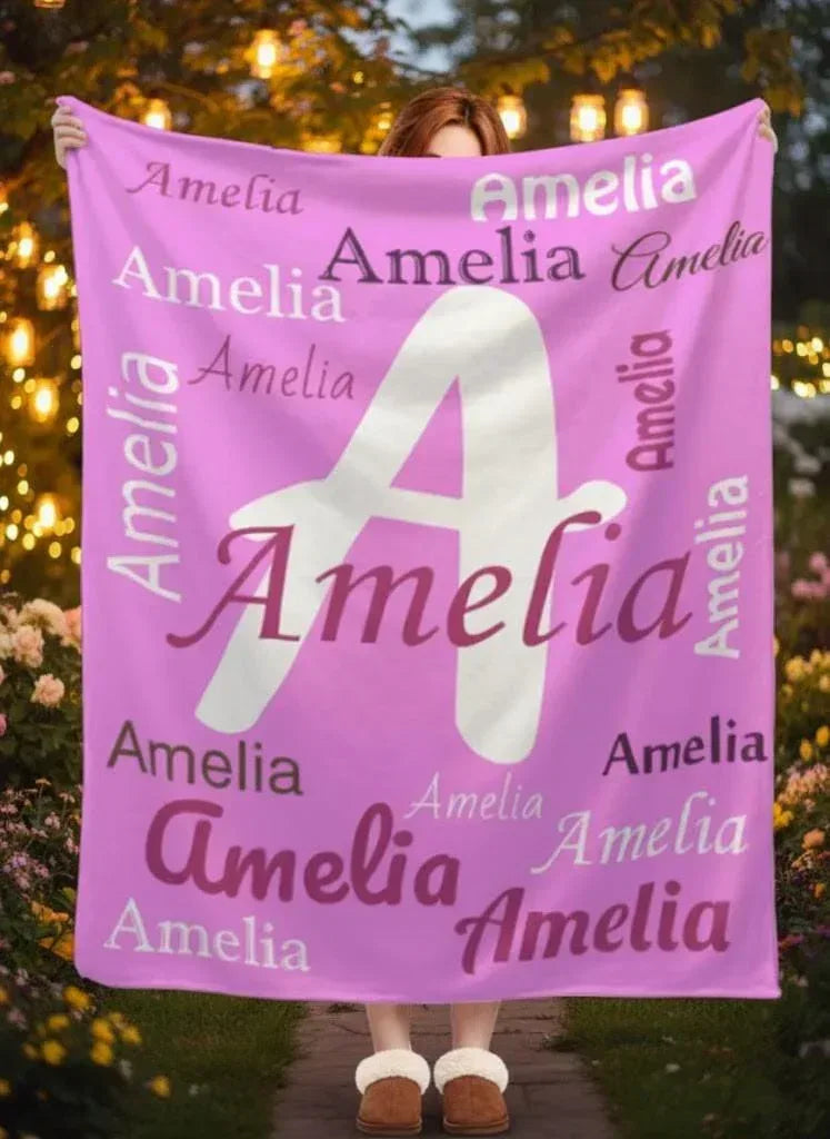 Personalized Name Blanket | Custom Initial & Repeated Name | Pink Fleece Throw Gift