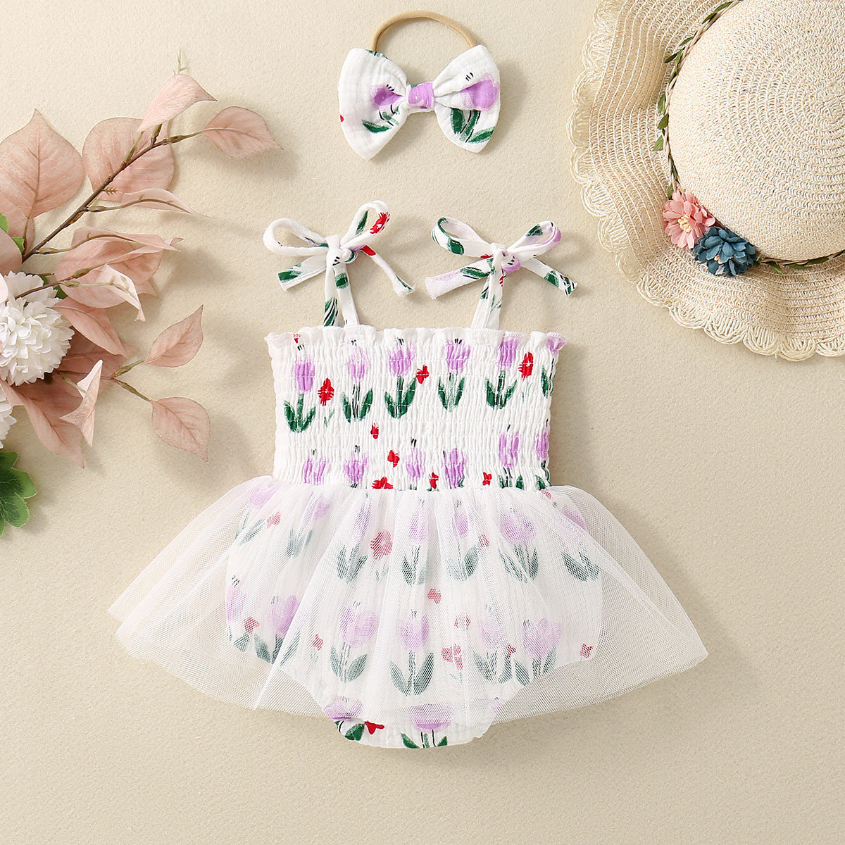 Baby Girl Flower Print Sling Triangle Rompers Tulle Skirt - Cindi Book