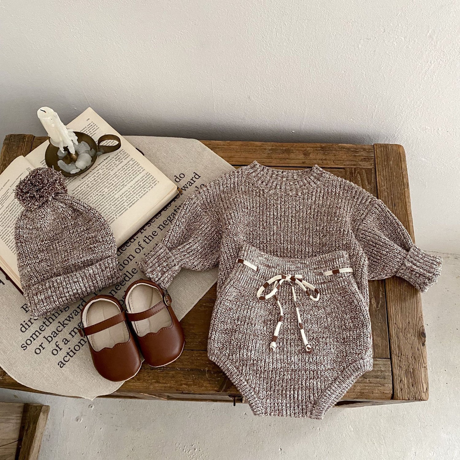 Infant Baby Girl Mixed Color Thick Needle Pullover Pants Pullover Fur Ball Knitted Hat 3-piece Set - Cindi Book