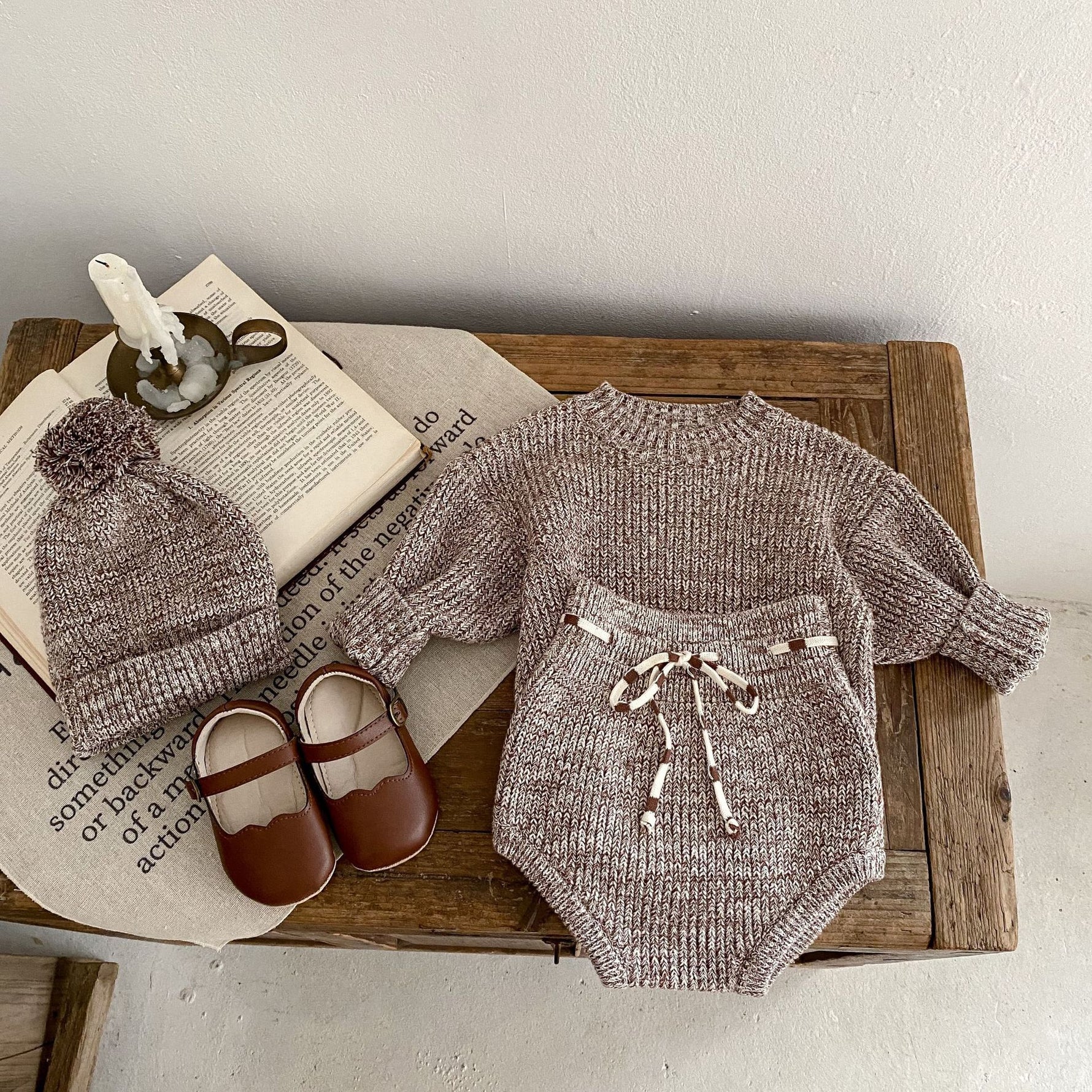 Infant Baby Girl Mixed Color Thick Needle Pullover Pants Pullover Fur Ball Knitted Hat 3-piece Set - Cindi Book