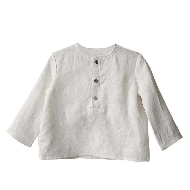 Boy Half-Open Collar Long Sleeve Cotton Linen Shirt