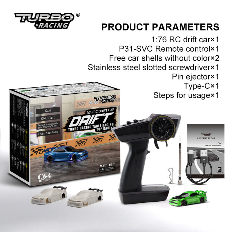 Turbo Racing 1vs76 C64 Drift RC Car With Gyro Radio Full Proportional Remote Control Toys RTR Kit For Kids And Adults - Cindi Book