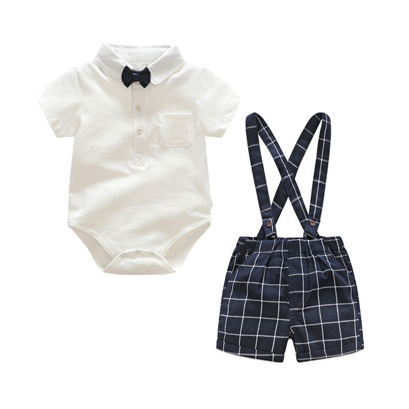 Children's Short-sleeved Knitted One-piece Romper Sheath Romper Plaid Suspender Pants - Cindi Book