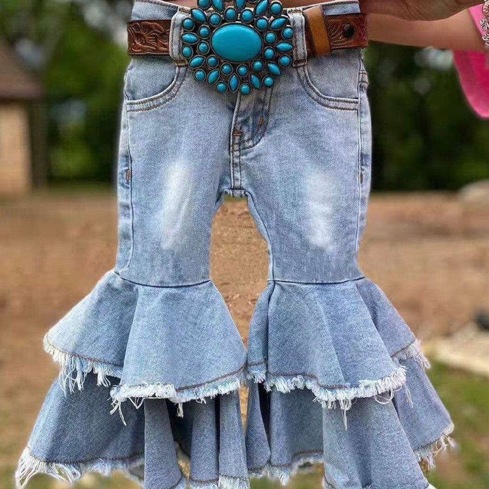 Wholesale Double Ruffle Leopard Kids Denim Clothes - Cindi Book