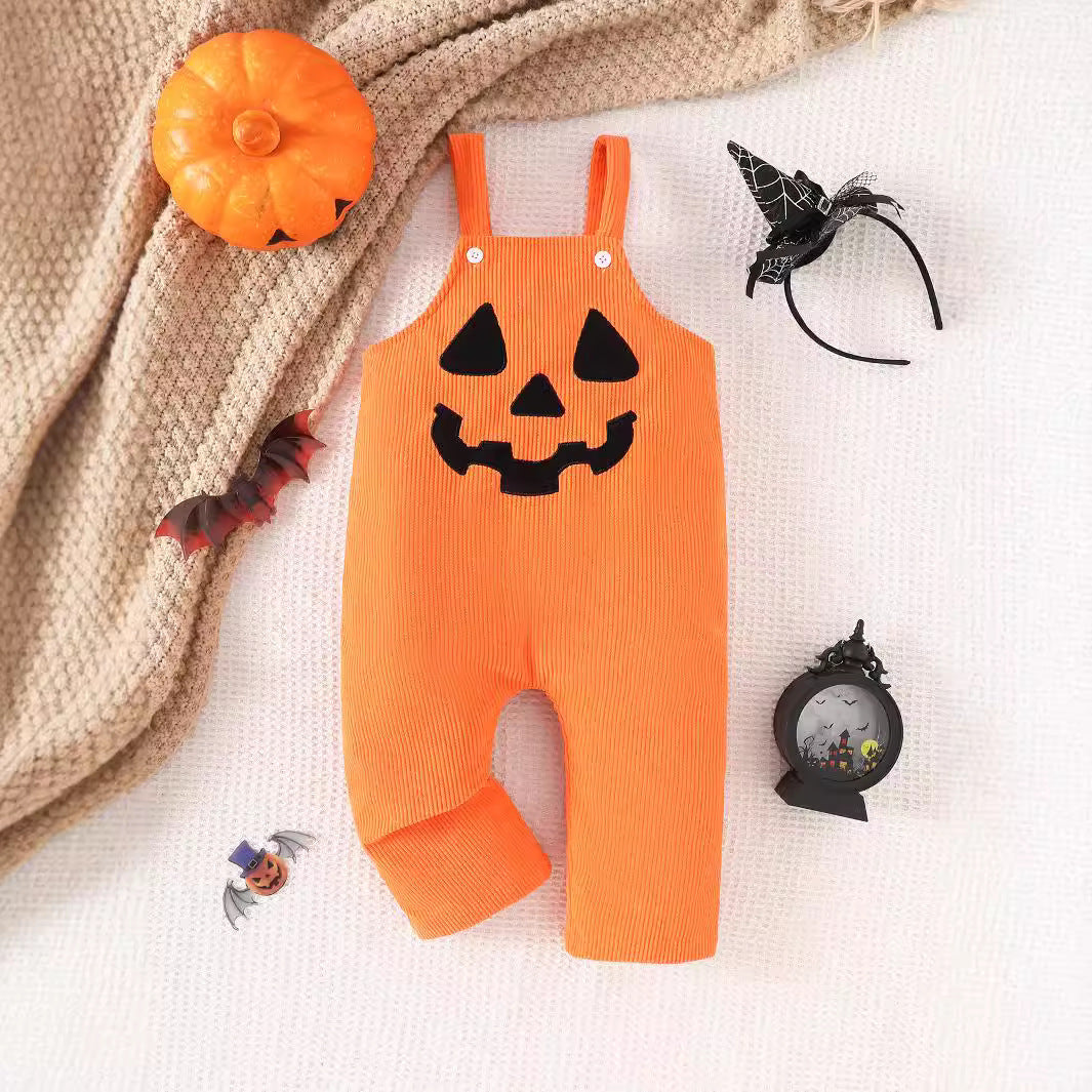 Halloween New Baby Pumpkin Grimace Embroidered Corduroy Suspender Pants - Cindi Book