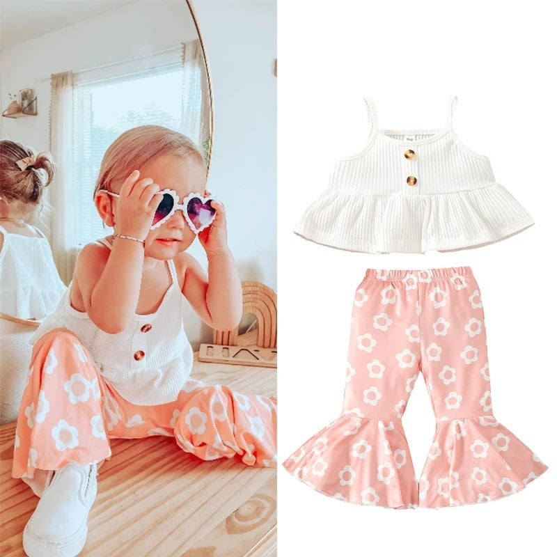 Children's Summer Spaghetti-Strap Floral Print Cotton Flared Pants Set