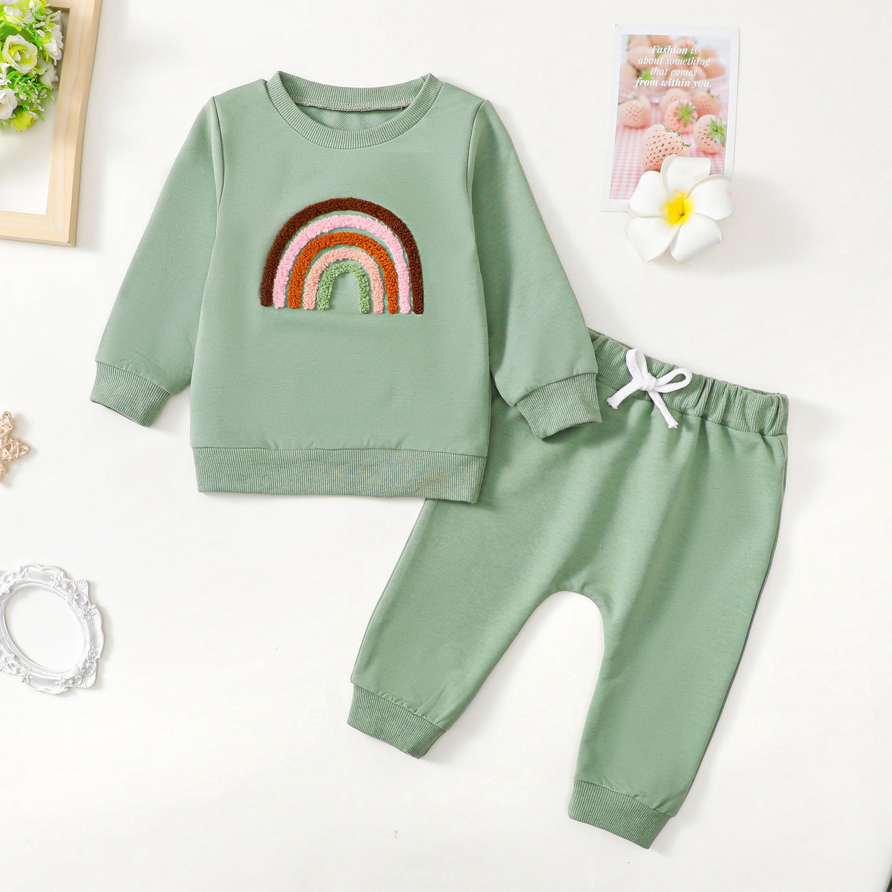 Children's Four-color Towel Embroidery Rainbow Long-sleeved Shirt Fake Drawstring Trousers Two-piece Set - Cindi Book