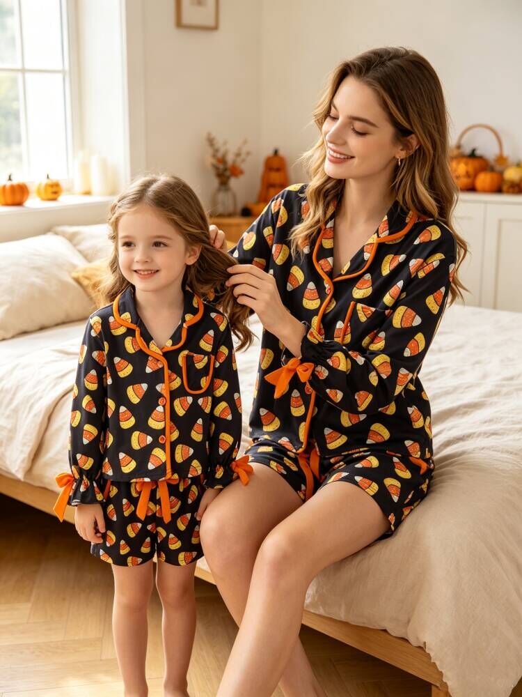 Rylee Faith Designs - Halloween Candy Corn Mommy and Me Pajama Set Matching Lounge Set