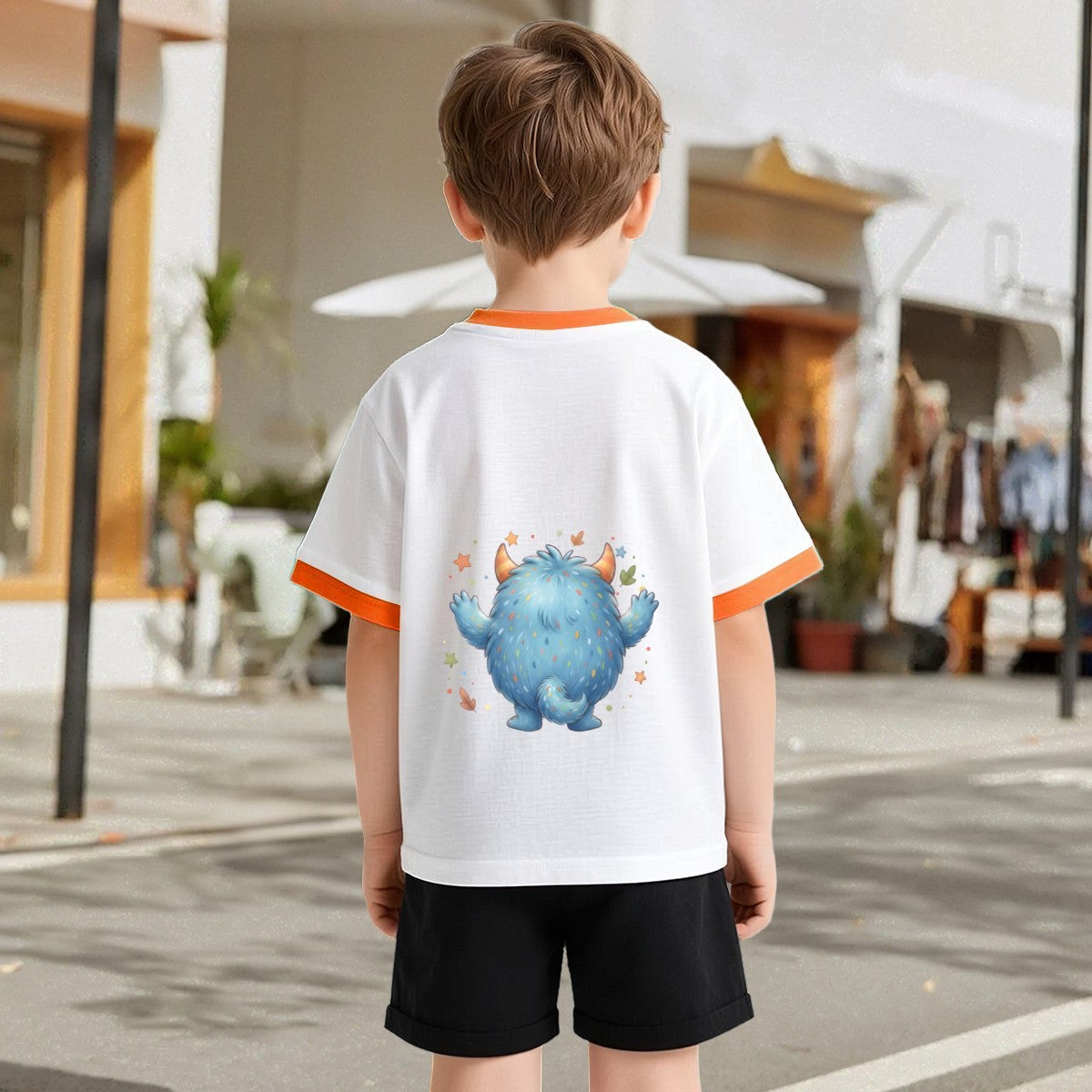 Personalized Kids T-Shirt with Name - Kawaii Blue Monster Graphic Tee with Contrast Trim - Custom Name Gift for Boys and Girls S to 3XL