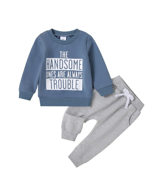 Casual Round Neck Letter Print Sweater Trousers Suit - Cindi Book